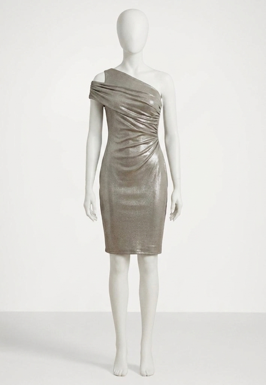 NEW RALPH LAUREN metallic one-shoulder dress in bright nickel/silver foil